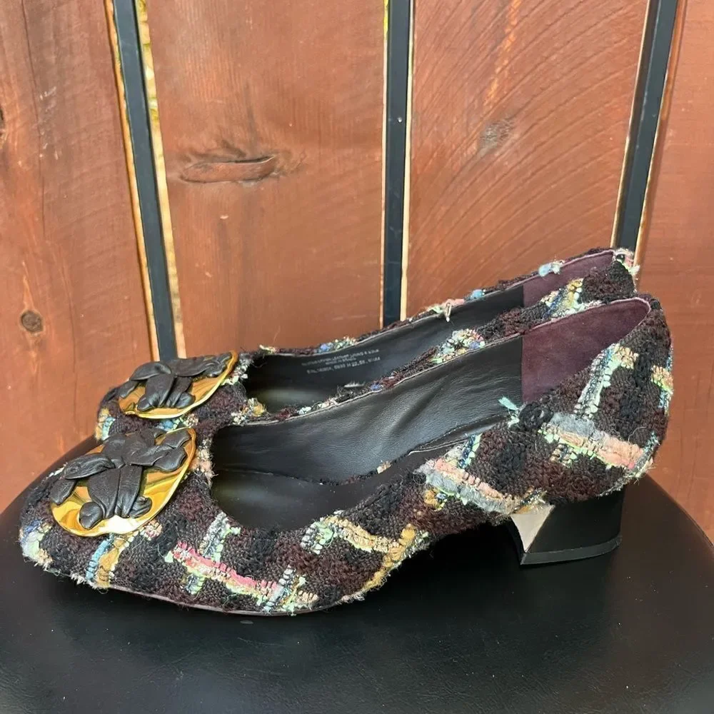 Tory Burch Wool Blend Mixed Media Tweed Plaid Pump In Brown/coco Size 6.5